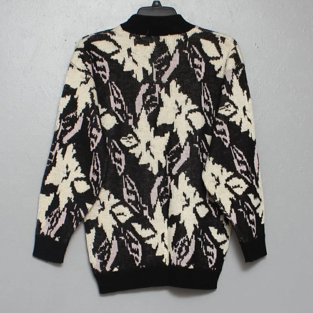 Vintage glamour knit abstract floral black cream lavender sweater